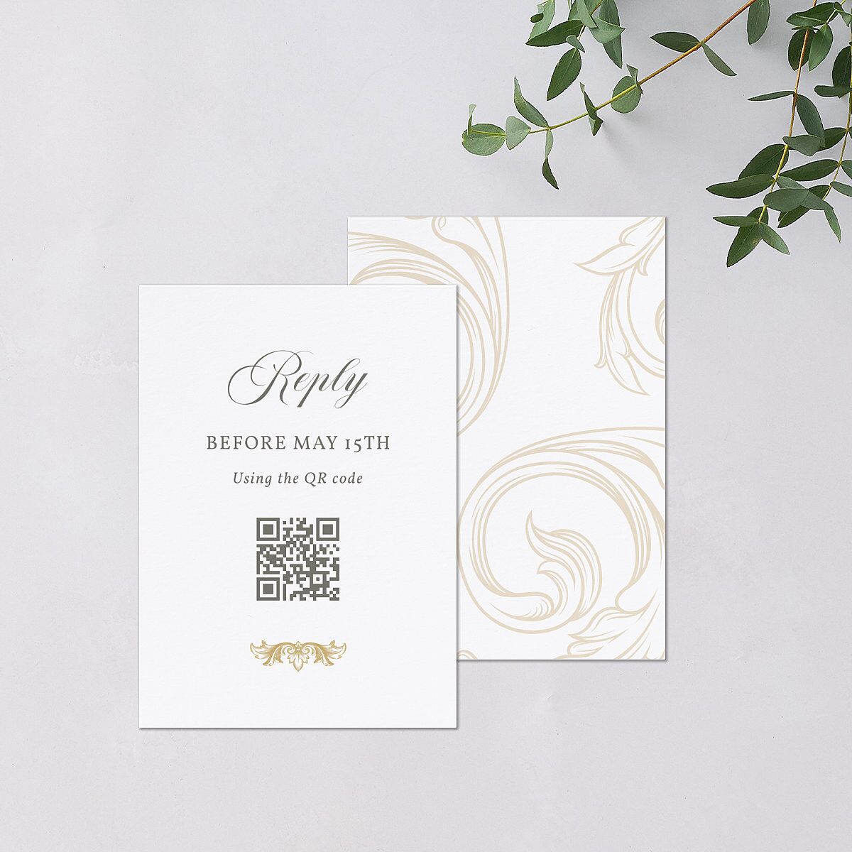 Vintage Regency Monogram Frame Foil QR Code RSVP Cards Pure White Signature Standard