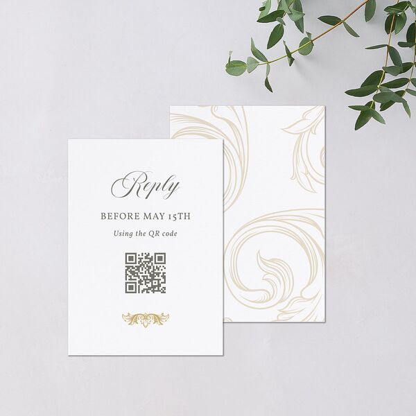 Vintage Regency Monogram Frame Foil QR Code RSVP Cards Pure White Signature Standard