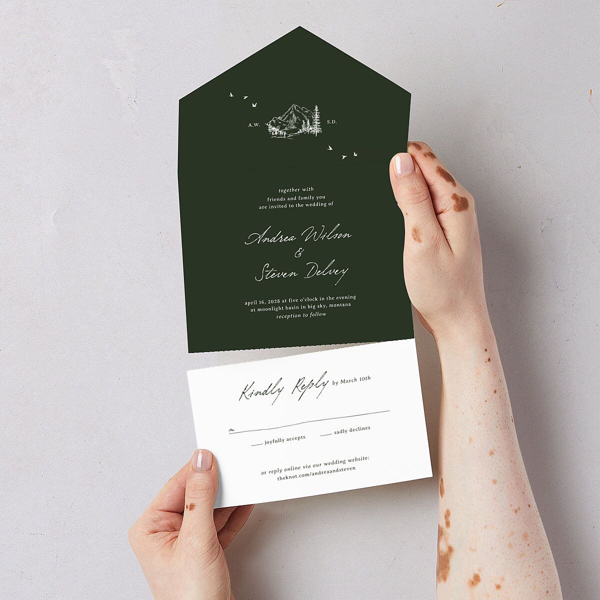 Elegant Mountain Monogram All-in-One Wedding Invitations Dark Green Signature Light Both Recipient and Return Addresses No