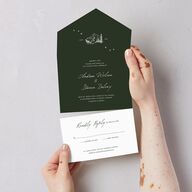 Elegant Mountain Monogram All-in-One Wedding Invitations Dark Green Signature Light Both Recipient and Return Addresses No