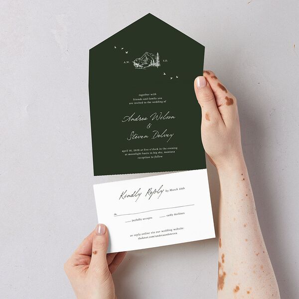 Elegant Mountain Monogram All-in-One Wedding Invitations Dark Green Signature Light Both Recipient and Return Addresses No