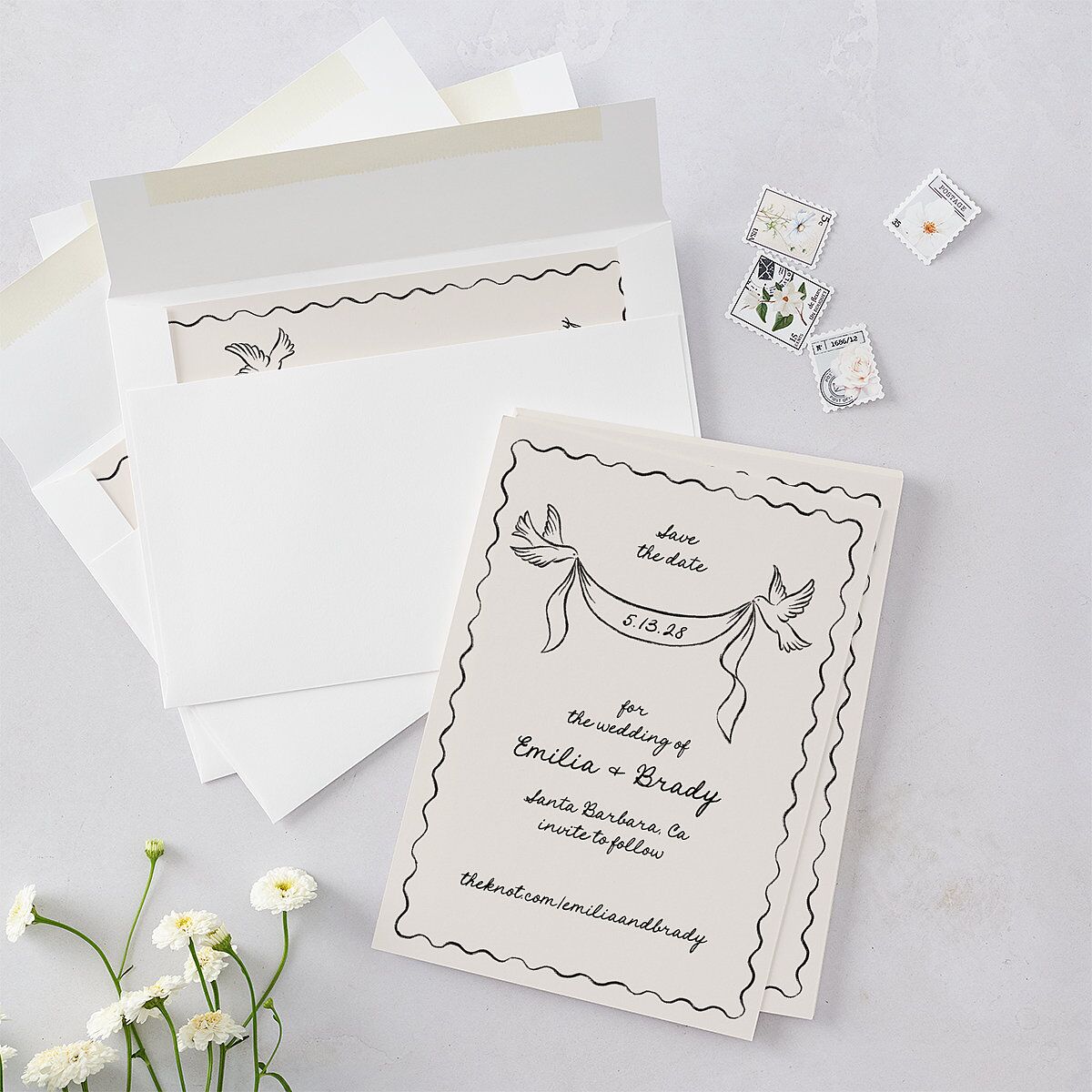 Vintage Lovebird Banner Save the Date Cards Linen Signature smooth Blank No Standard