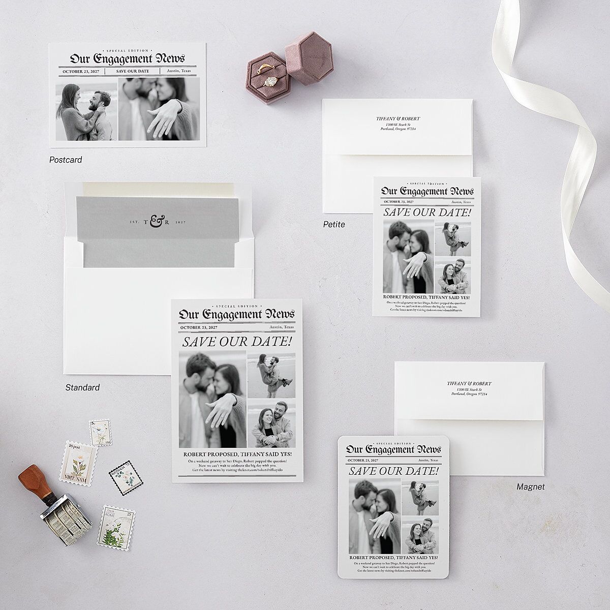 Newspaper Save the Date Cards Pure White Signature smooth Blank No Standard
