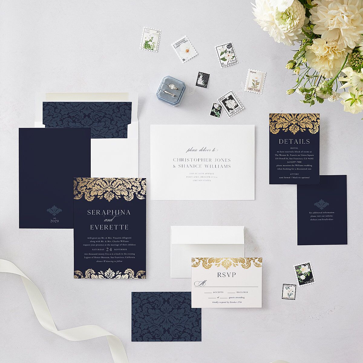 Elegant Damask Wedding Invitations Gold Navy Signature Blank No Standard