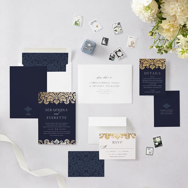 Elegant Damask Wedding Invitations Gold Navy Signature Blank No Standard