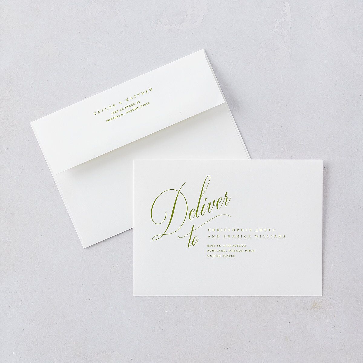 Modern Wedding Of Calligraphy Wedding Invitation Envelopes White Chartreuse Both Recipient and Return Addresses Standard Signature