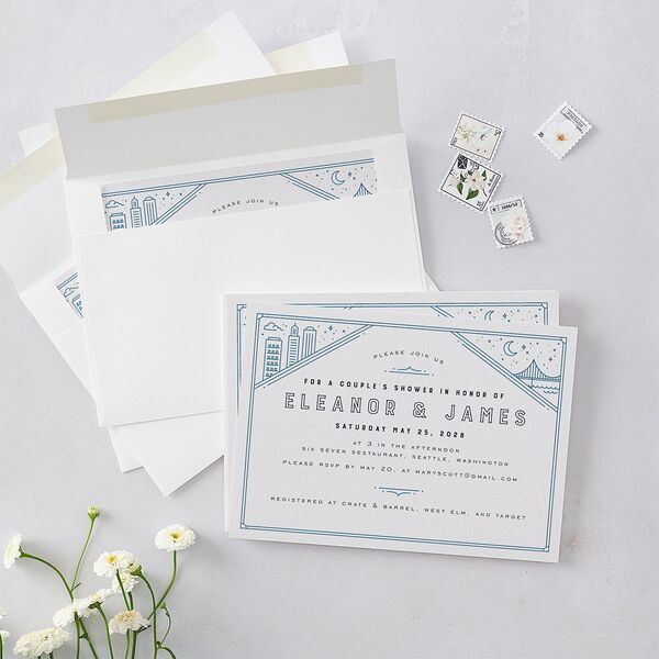 Iconic City Bridal Shower Invitations Moody Blue Signature Blank
