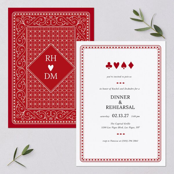 Las Vegas Playing Card Rehearsal Dinner Invitations Jewel Red Signature Blank Standard