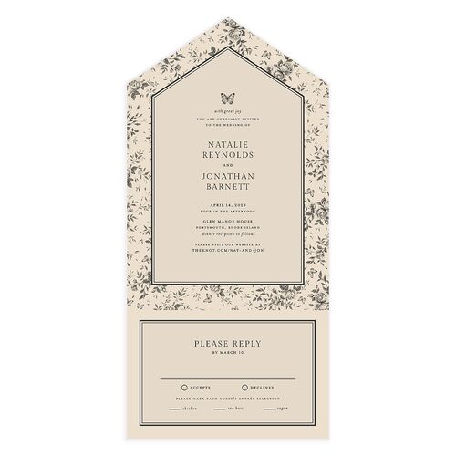 Antique Garden Lace Floral All-in-One Wedding Invitations Latte Signature Light Both Recipient and Return Addresses No