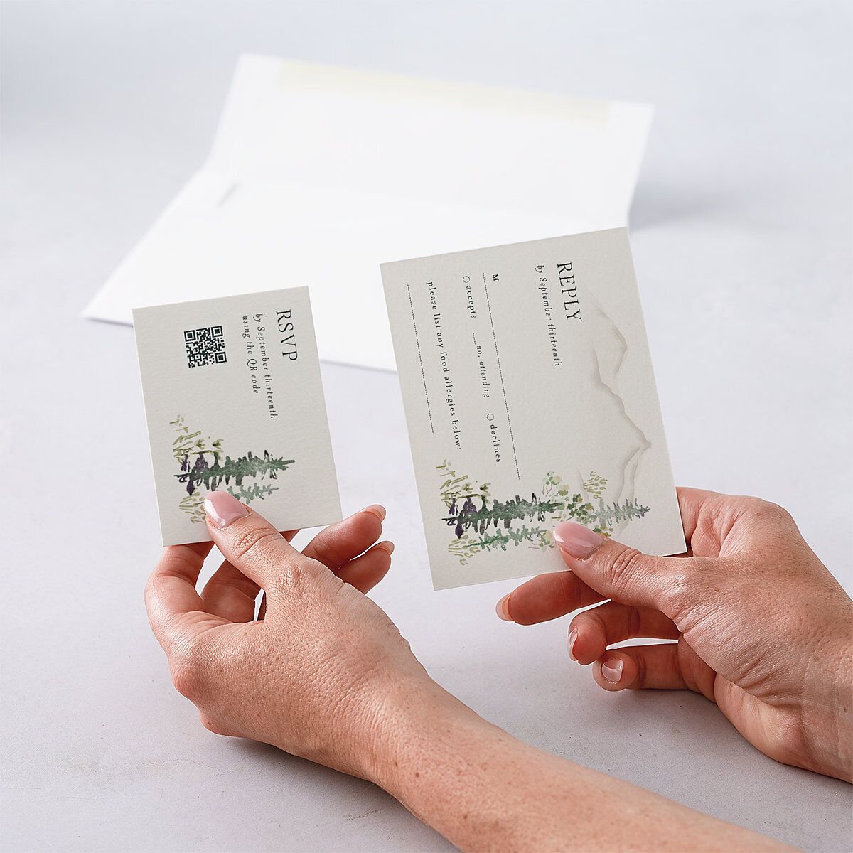 Elegant Mountain Border QR Code RSVP Cards Meadow Signature Standard
