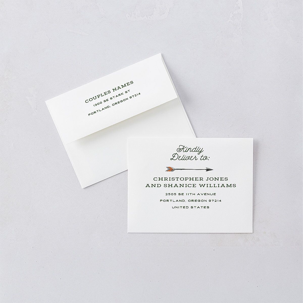 Happy Campers Save the Date Petite Card Envelopes White Standard Deep Olive Both Recipient and Return Addresses Signature
