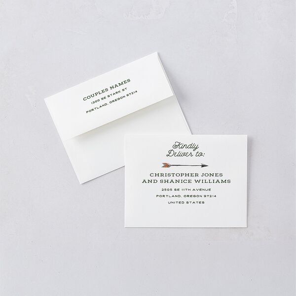 Happy Campers Save the Date Petite Card Envelopes White Standard Deep Olive Both Recipient and Return Addresses Signature