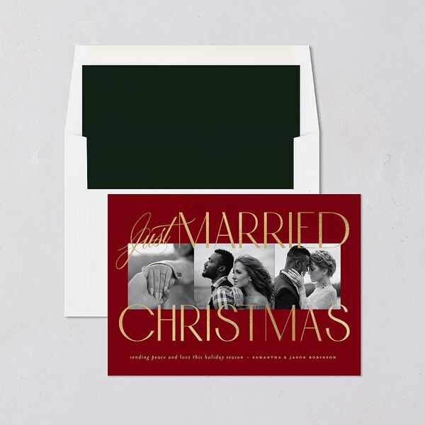 Just Married Christmas Holiday Cards Gold Jewel Red Signature