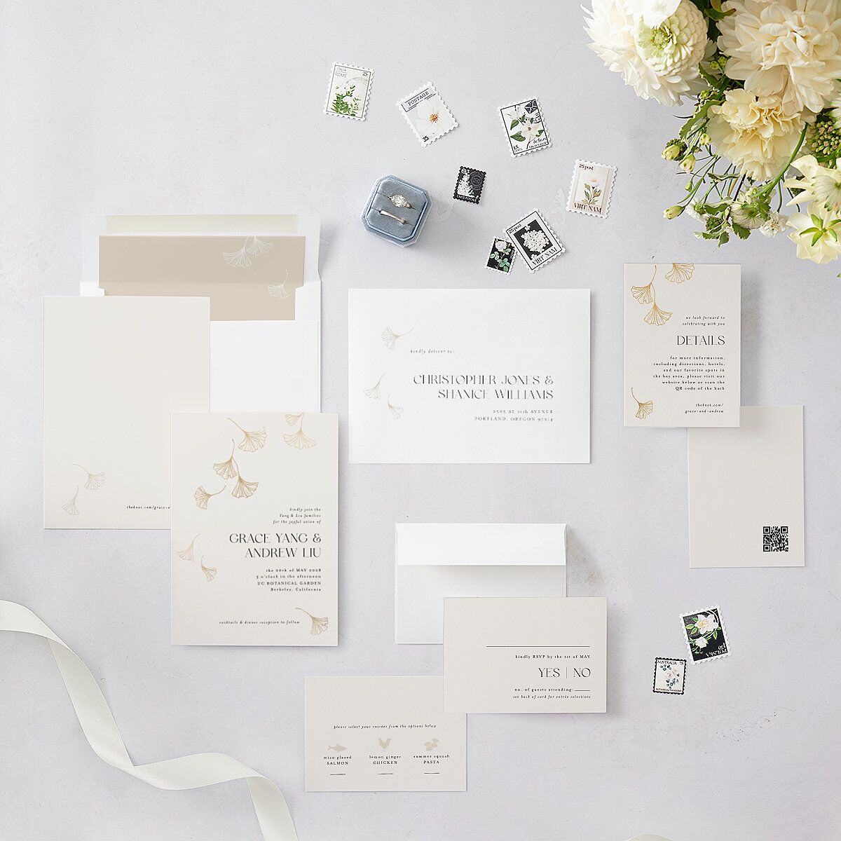 Ginkgo Leaves Wedding Invitations Gold Champagne Signature Blank No
