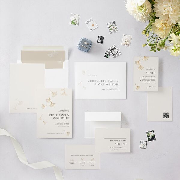 Ginkgo Leaves Wedding Invitations Gold Champagne Signature Blank No