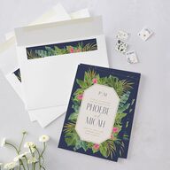Hawaiian Tropical Monstera Frame Wedding Invitations Moody Blue Signature Blank No Standard