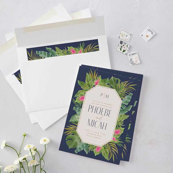 Hawaiian Tropical Monstera Frame Wedding Invitations Moody Blue Signature Blank No Standard