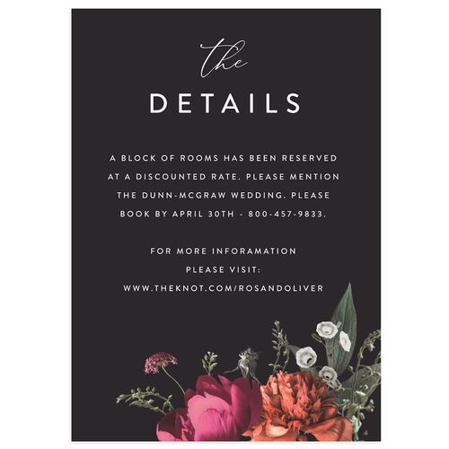 Blooming Botanical Wedding Event Detail Cards Midnight Signature Standard
