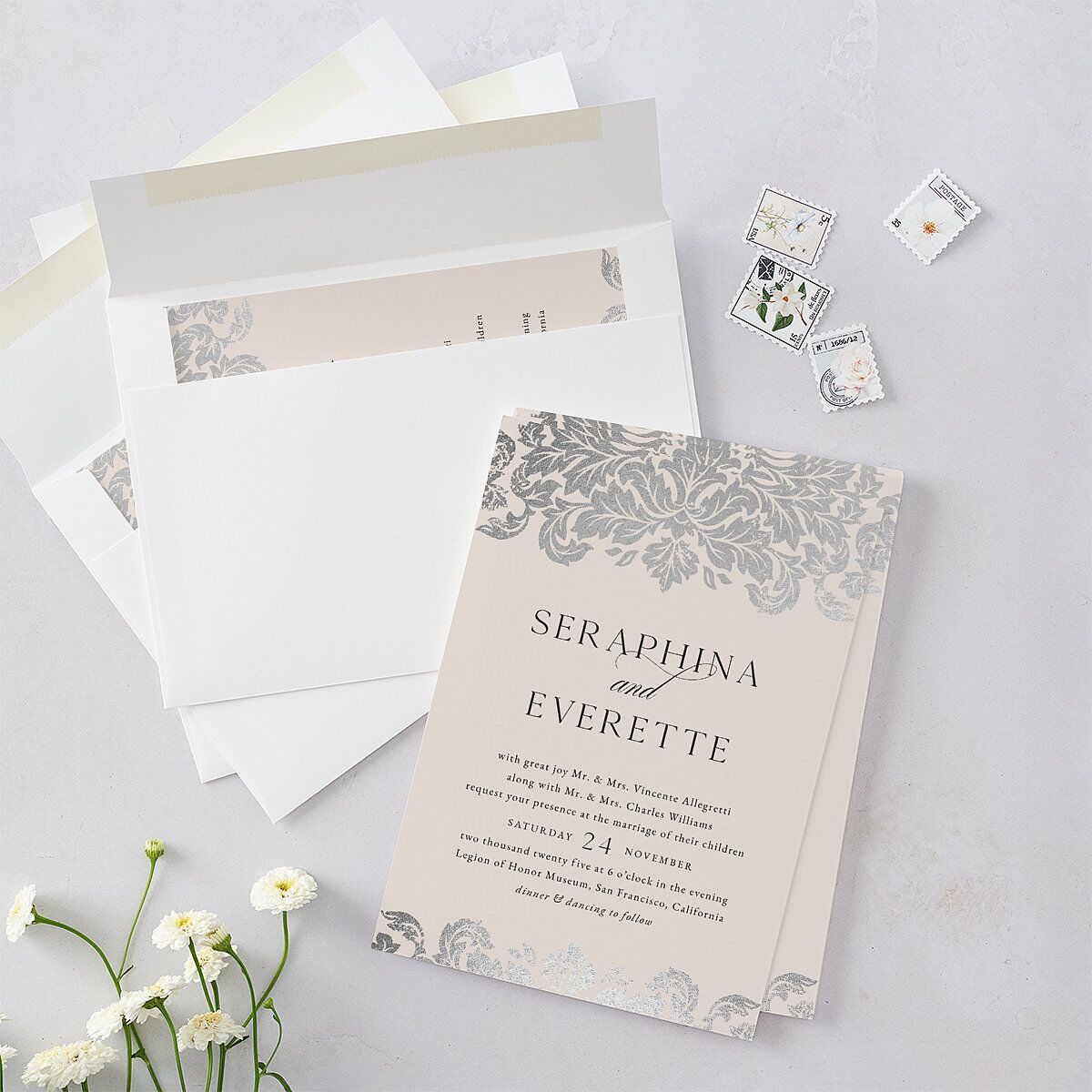 Elegant Damask Wedding Invitations Silver Champagne Signature Blank No
