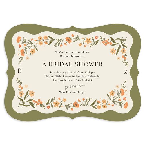 Flora Garden Border Bridal Shower Invitations Olive Signature Blank