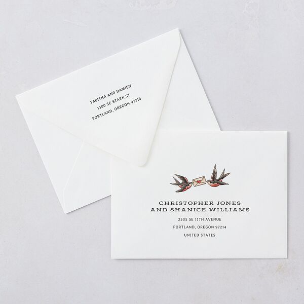 Til Death Tattoos Rehearsal Dinner Invitation Euro Envelopes Linen White Both Recipient and Return Addresses Luxe Signature