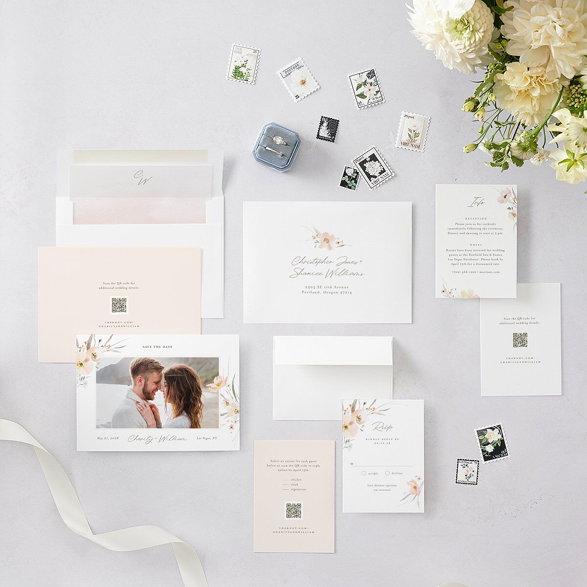 Floral Photo Save the Date Cards Blush Signature smooth Blank No Standard