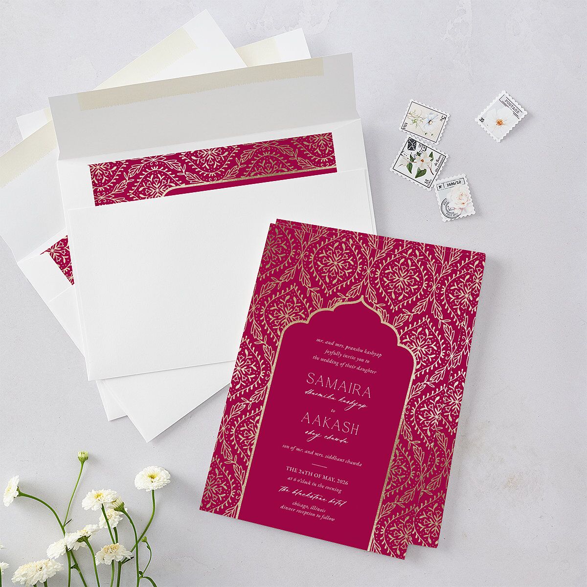 Gilded Lehenga Wedding Invitations Gold Raspberry Signature Blank No