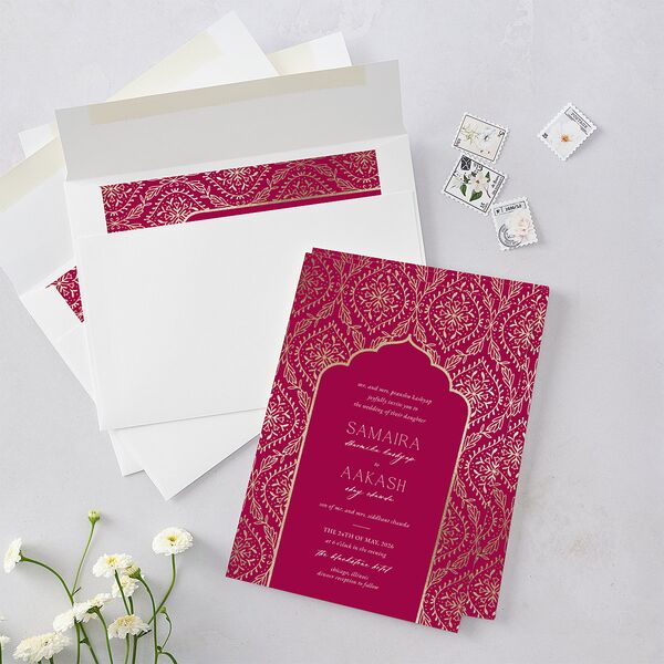 Gilded Lehenga Wedding Invitations Gold Raspberry Signature Blank No
