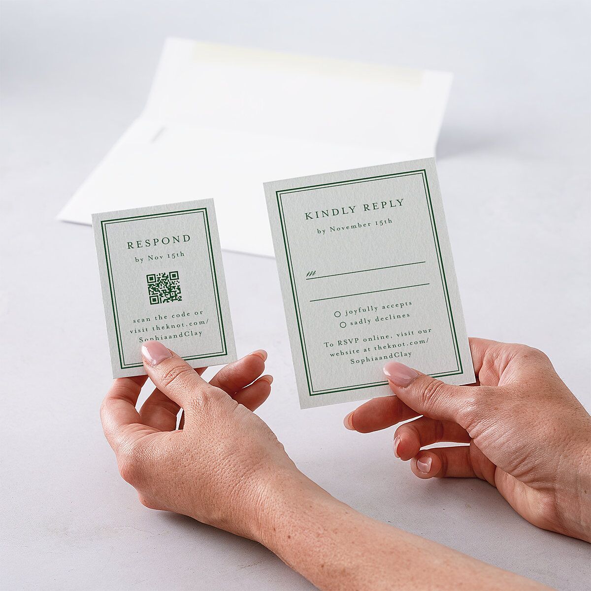 Elegant Winter Pine Cone QR Code RSVP Cards Scottish Green Signature Standard