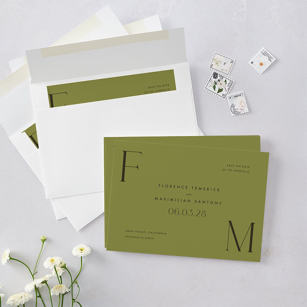 Modern Initials Save The Date Cards Olive Signature smooth Blank No Standard