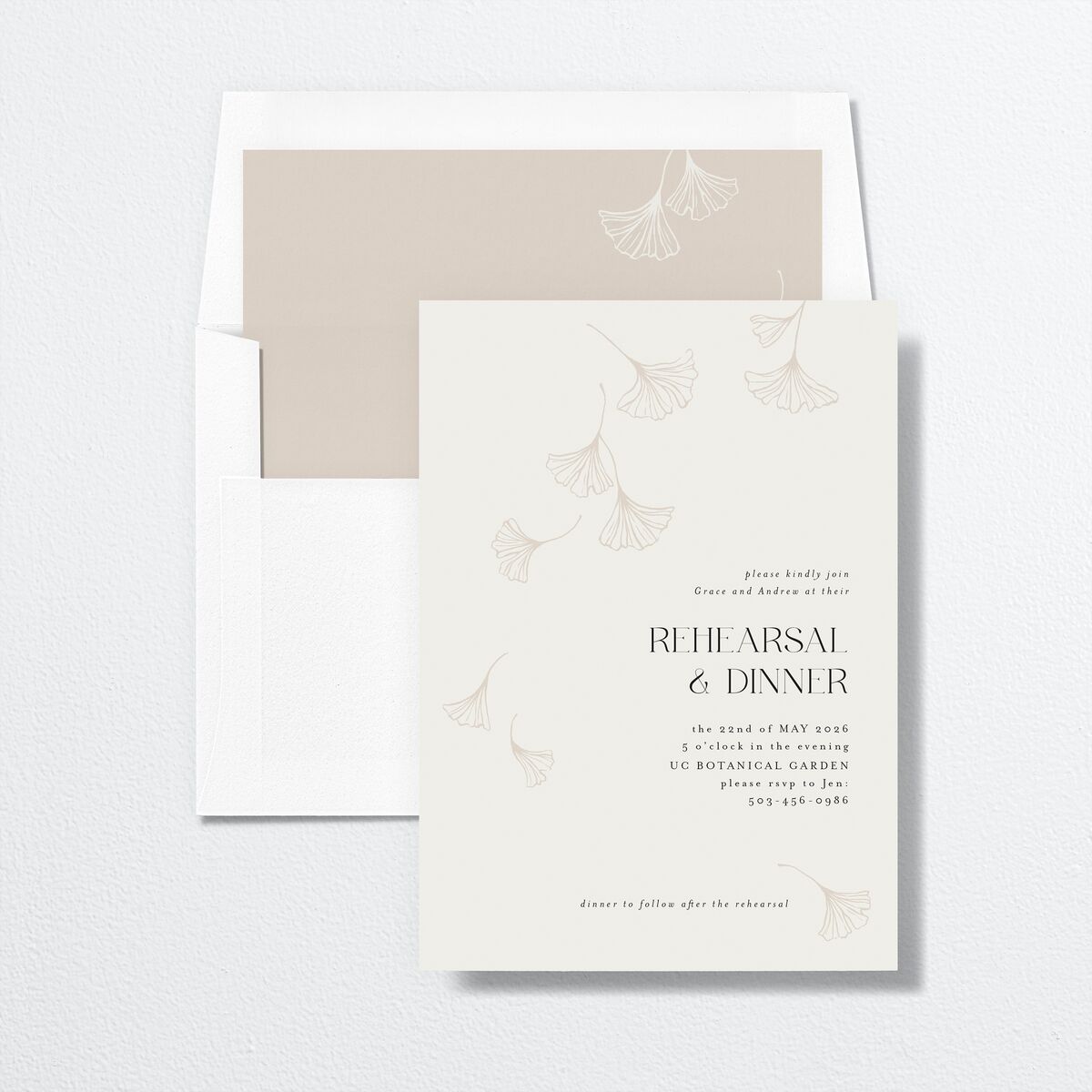 Ginkgo Leaves Rehearsal Dinner Invitations Champagne Signature