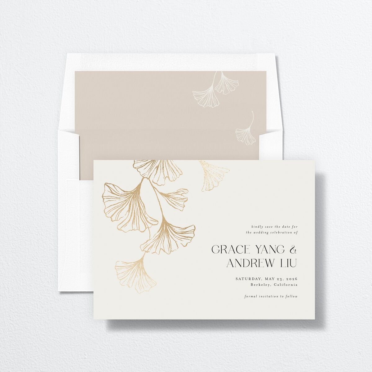 Ginkgo Leaves Save the Date Cards Gold Champagne Signature smooth No