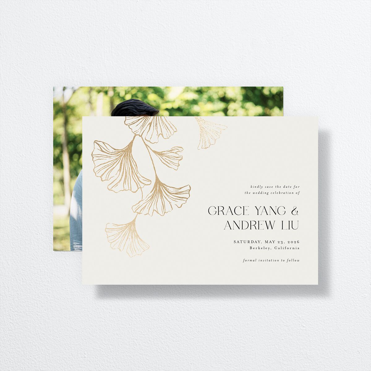 Ginkgo Leaves Save the Date Cards Gold Champagne Signature smooth No