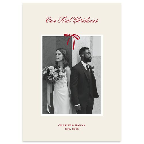 First Christmas Minimalist Bow Photo Holiday Cards Cream Signature Blank Standard Portrait