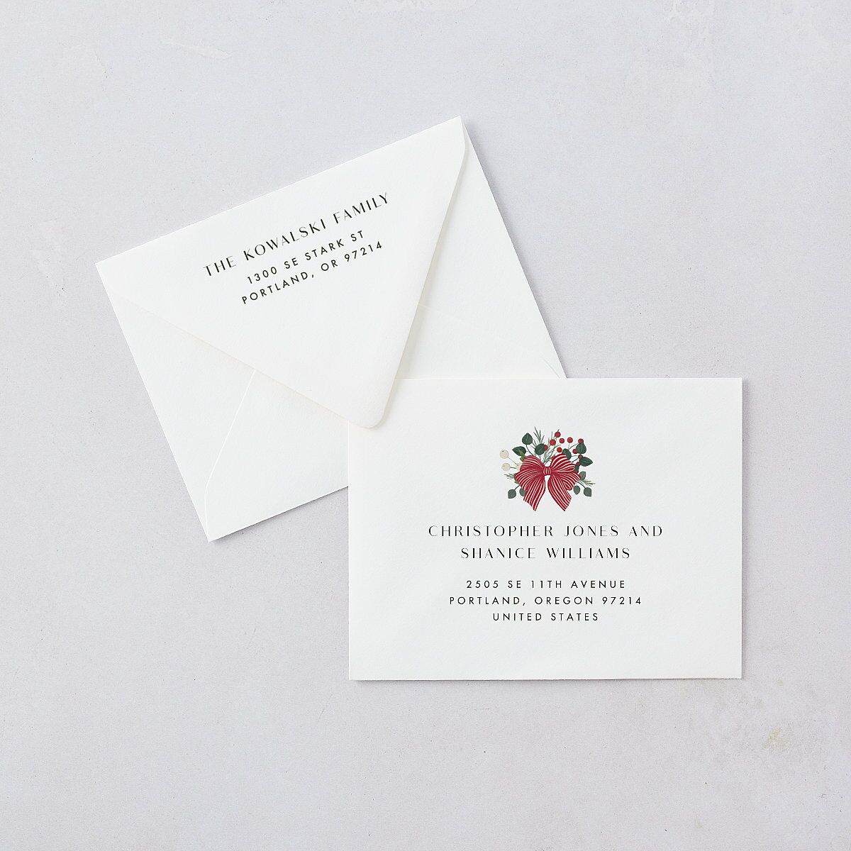 Rustic Holiday Foliage with Bow Thank You Card Euro Envelopes White Hunter Green Both Recipient and Return Addresses Luxe Signature