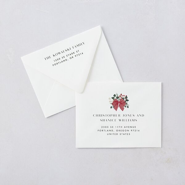 Rustic Holiday Foliage with Bow Thank You Card Euro Envelopes White Hunter Green Both Recipient and Return Addresses Luxe Signature