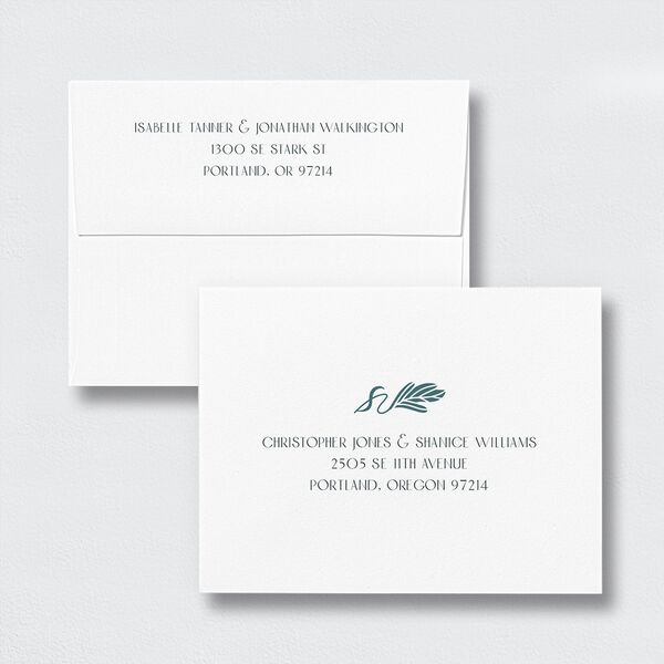 Elegant Nouveau Thank You Card Envelopes White Dark Emerald Both Recipient and Return Addresses Signature Standard