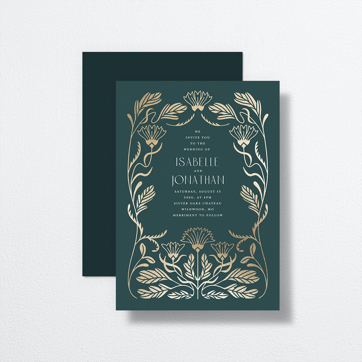 Elegant Nouveau Wedding Invitations Gold Dark Emerald Signature No