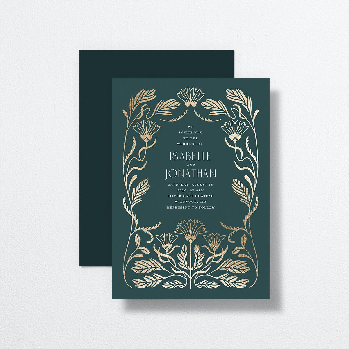 Elegant Nouveau Wedding Invitations front-and-back in teal