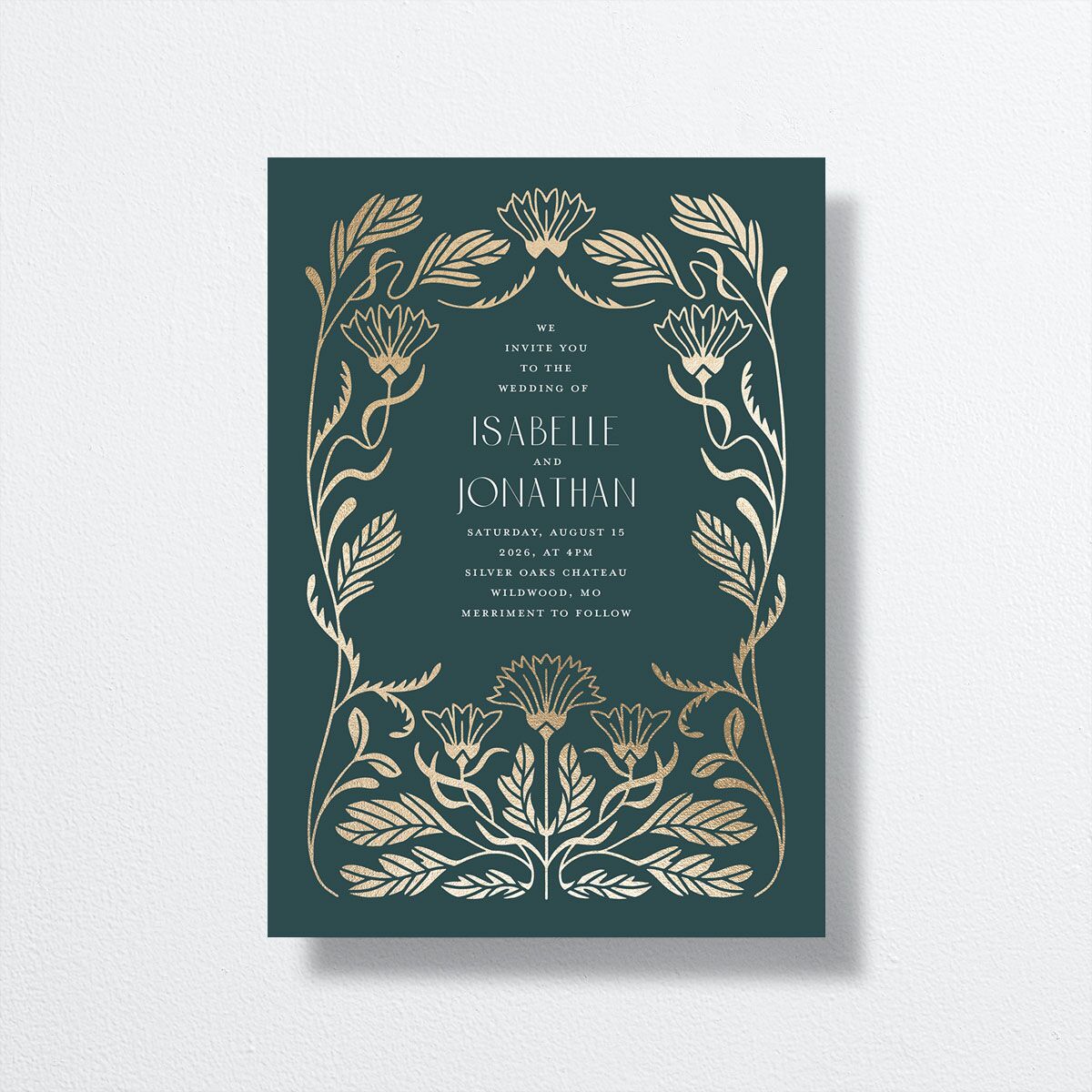 Elegant Nouveau Wedding Invitations Gold Dark Emerald Signature No