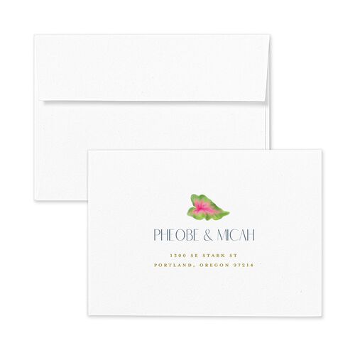 Hawaiian Tropical Monstera Frame Response Card Envelopes White Shimmer Regency Blue Return Address Pearlescent Standard