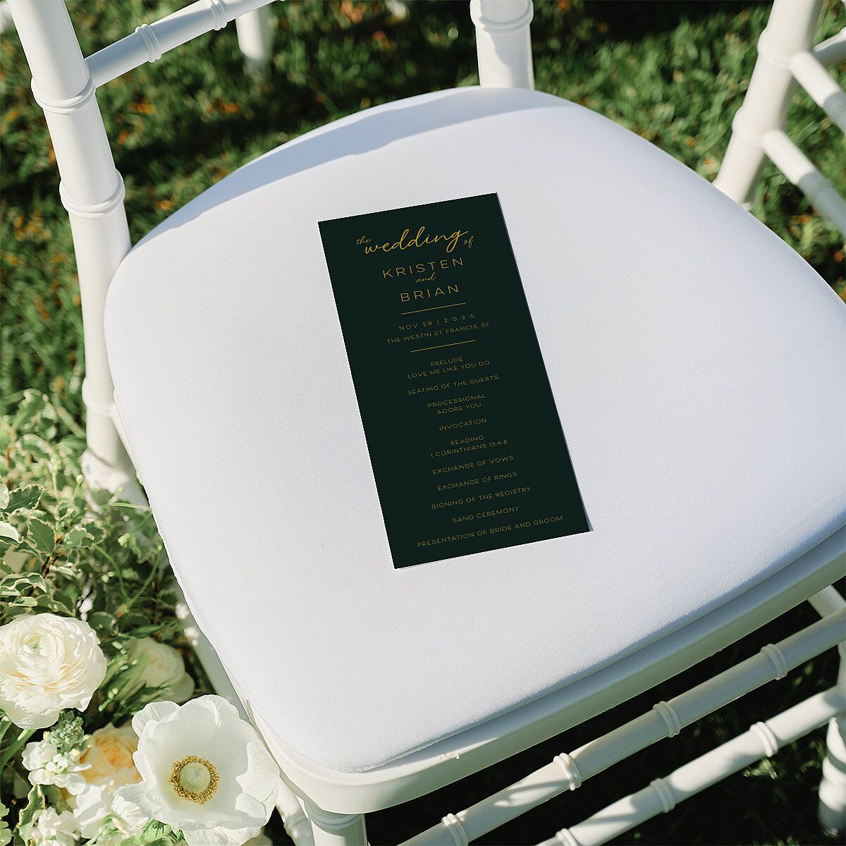 Gold Calligraphy Wedding Programs Dark Green Signature