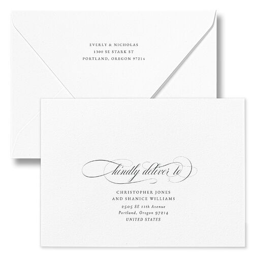 Exquisite Calligraphy Rehearsal Dinner Invitation Euro Envelopes White Jewel Green Both Recipient and Return Addresses Luxe Signature