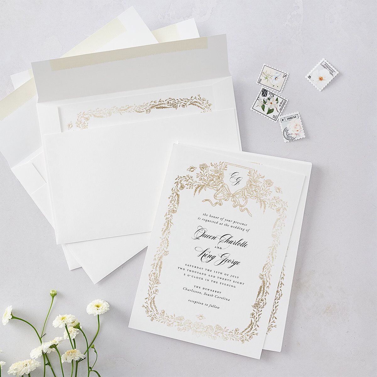 Rose Garden Crest Wedding Invitations by Bridgerton Gold Pure White Signature Blank No Standard