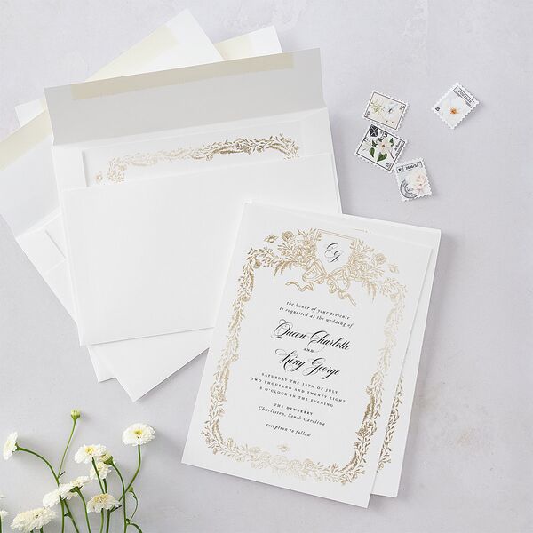 Rose Garden Crest Wedding Invitations by Bridgerton Gold Pure White Signature Blank No Standard