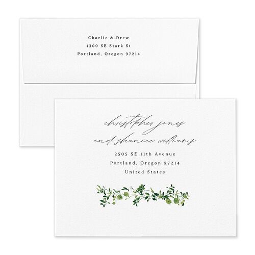 Simple Vine Thank You Card Envelopes White Deep Olive Both Recipient and Return Addresses Signature Standard
