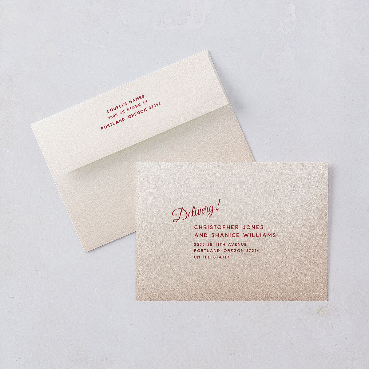 Vintage Heart Locket Rehearsal Dinner Invitation Envelopes Crimson White Both Recipient and Return Addresses Signature