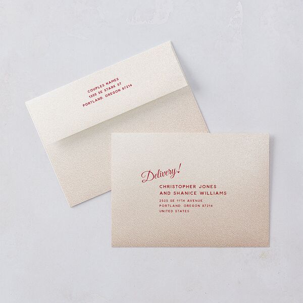 Vintage Heart Locket Rehearsal Dinner Invitation Envelopes Crimson White Both Recipient and Return Addresses Signature