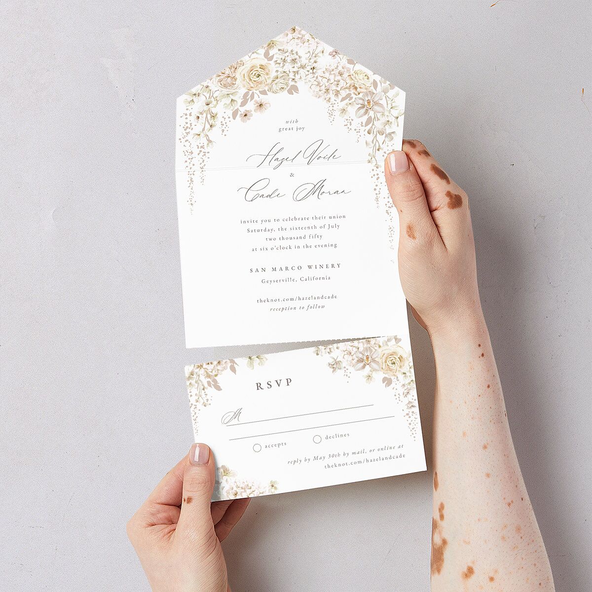 Luxury Floral Archway All-in-One Wedding Invitations Dijon Signature Light Both Recipient and Return Addresses No
