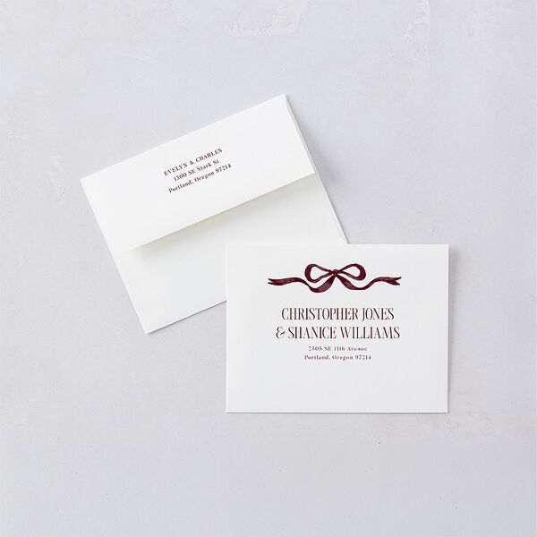 Whimsical Hand Drawn Bow Save the Date Petite Cards Burgundy Signature smooth Blank No Standard